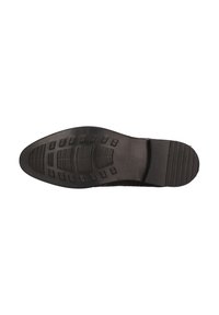 Semelle de chaussure en caoutchouc noir avec une surface texturée, présentant un motif rectangulaire et des rainures pour l'adhérence. Design de bout légèrement arrondi.