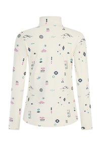 Halenka s dlhým rukávom a stojáčikom v krémovej farbe s farebnými abstraktnými vzormi. Vyrobená z hladkej látky, s oblečeným lemom a priliehavým strihom.