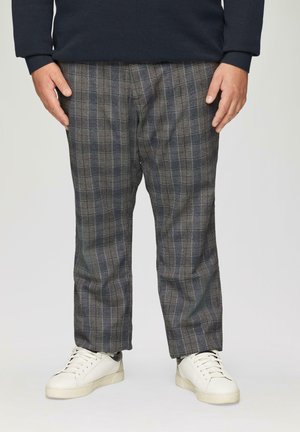 Grau karierte Hose in lockerer Passform, aus strukturiertem Stoff. Verfügt über ein mittelschweres Design mit geraden Beinen und Seitentaschen.