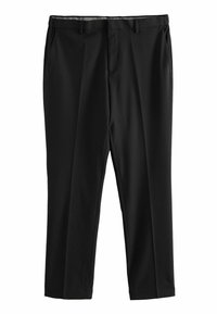Pantalones negros hechos de una tela suave, con un diseño de pierna recta, bolsillos frontales y cierre con cremallera. Sin patrones o acentos visibles.