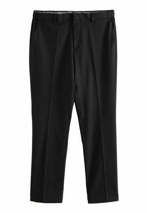 Pantalones negros hechos de una tela suave, con un diseño de pierna recta, bolsillos frontales y cierre con cremallera. Sin patrones o acentos visibles.