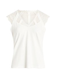 Haut sans manches blanc avec des accents en dentelle aux épaules et dans le dos, présentant un col en V et un tissu lisse avec un léger éclat.