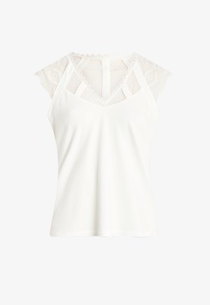 Weißes ärmelloses Top mit Spitze am Schulter- und Rückenbereich, V-Ausschnitt und glattem Stoff mit dezentem Glanz.