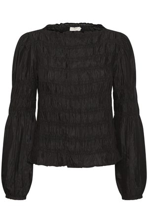 Blouse noire à manches longues avec une texture froncée, un col rond et des manches bouffantes. Le tissu semble léger avec un léger éclat.