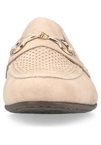Beige suede loafers with perforated detailing, a decorative gold chain accent, and a flat sole. Rounded toe and stitched edges.