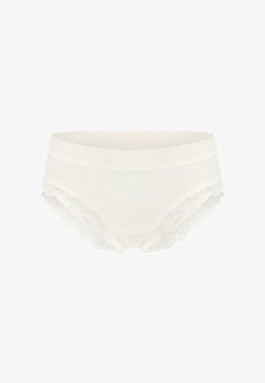 White seamless women's underwear with wide waistband and lace trim along the leg openings, shown on a plain white background.