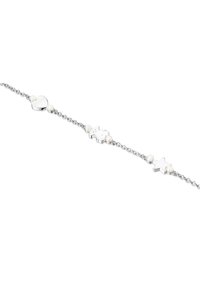 Braccialetto in argento con charm a forma di rotonda e stella, intervallati da piccole perle bianche, che mette in mostra un design delicato.