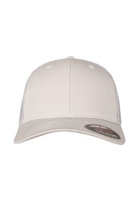 Căciulă de baseball gri cu un front din material neted, laterale din plasă și o vizieră curbă; prezintă o etichetă pe partea interioară a vizierei.