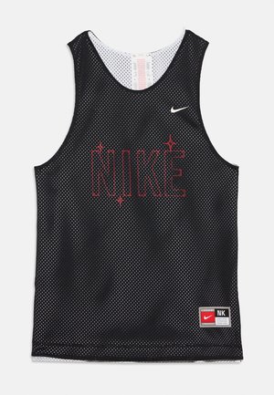 Sort mesh ærmeløs sportstrøje med rød kantet "NIKE"-tekst og lille hvid swoosh-logo på brystet, mærke ved kanten.