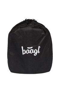 Zaino nero con cordoncino realizzato in tessuto resistente, con il logo bianco "baagl" in evidenza sulla parte frontale. Texture liscia.