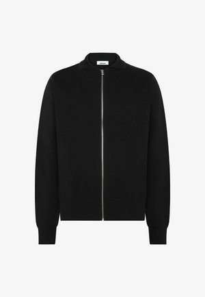 Black zip-up sweater with ribbed collar, cuffs, and hem, displayed against a white background.