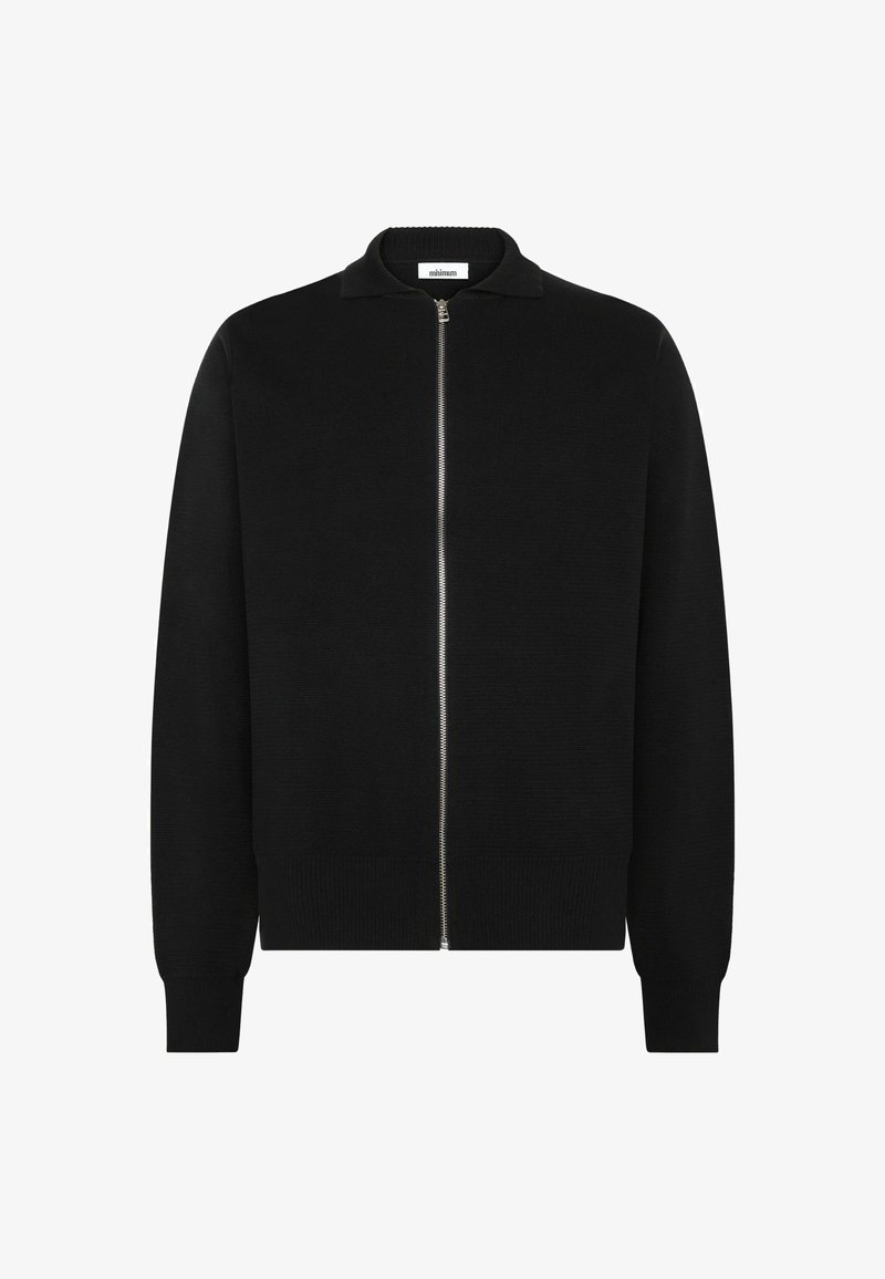 Black zip-up sweater with ribbed collar, cuffs, and hem, displayed against a white background.
