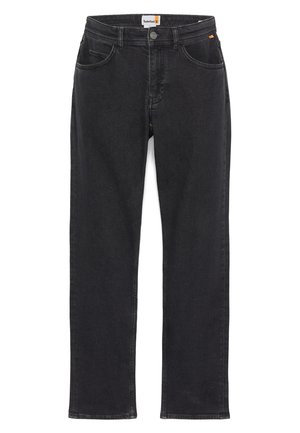 Jeans de denim negro con diseño de pierna recta, cinco bolsillos, costuras sutiles en naranja y cierre de botón en la cintura.