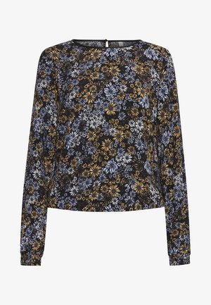 Blommig långärmad topp med svart bas som har mönster av blå och guldiga blommor. Rund halsringning och elastiska ärmslut för en figurnära look.