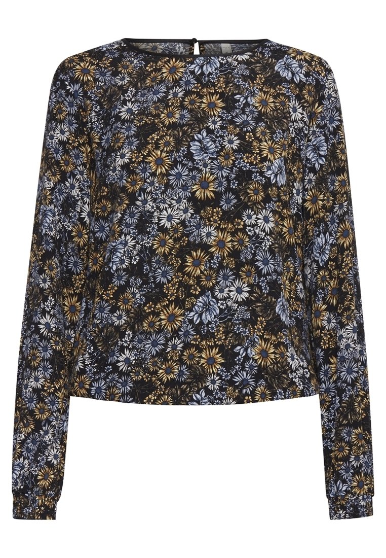 Blusenshirt mit langen Ärmeln in Schwarz, verziert mit blau-goldenen Blumenmustern. Runder Halsausschnitt und elastische Bündchen für eine taillierte Passform.