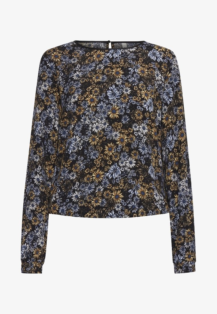 Blusenshirt mit langen Ärmeln in Schwarz, verziert mit blau-goldenen Blumenmustern. Runder Halsausschnitt und elastische Bündchen für eine taillierte Passform.