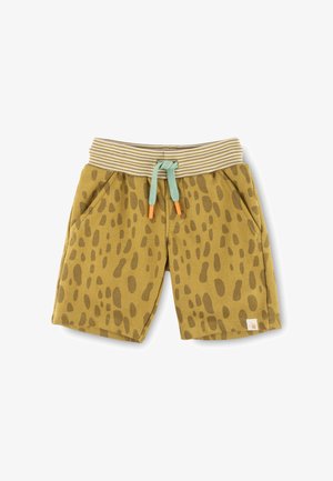 Khaki shorts featuring a light brown spot pattern, elastic striped waistband, and a mint green drawstring with orange tips. Two side pockets.