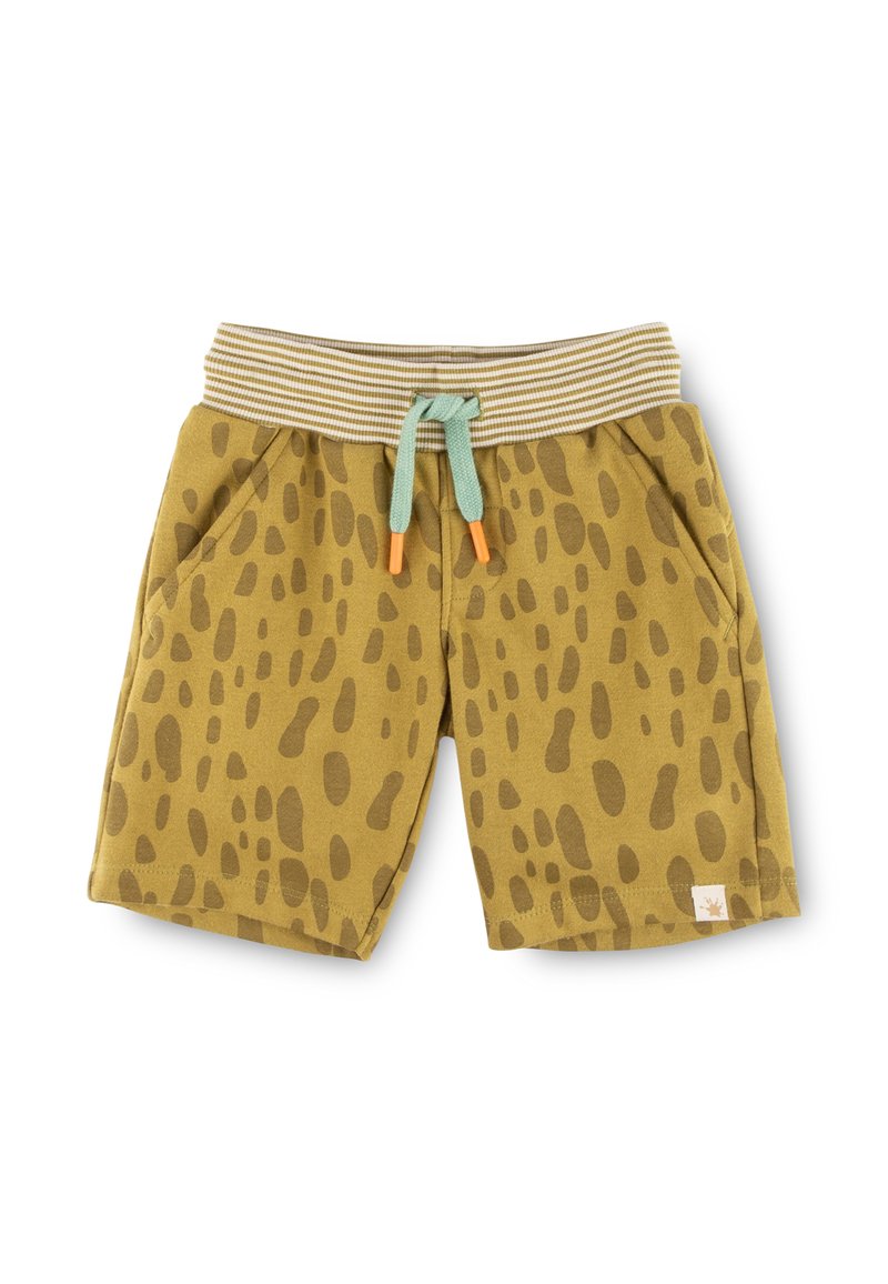 Khaki-Shorts mit einem hellbraunen Punktmuster, elastischem gestreiften Bund und einer mintgrünen Kordel mit orangefarbenen Enden. Zwei Seitentaschen.