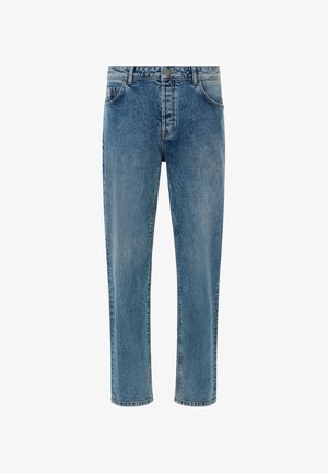 Klassische blaue Denim-Jeans mit geradem Bein, einem verwaschenen Finish, fünf Taschen und einem Metallknopfverschluss an der Taille.