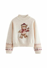 Sweter w kolorze kremowym z plecionym wzorem misia na przodzie, z wzorzystymi akcentami w kolorze czerwonym i beżowym na rękawach.