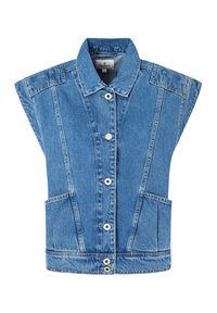Gilet in denim senza maniche di colore azzurro chiaro con colletto, chiusura frontale con bottoni e due tasche laterali. Presenta dettagli di cuciture verticali.