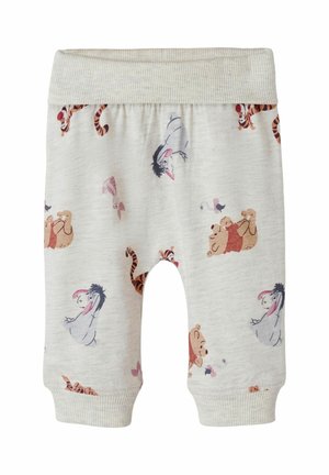 Katoenen shorts met een lichtgrijze achtergrond, voorzien van geanimeerde figuren in verschillende kleuren. Ribgebreide tailleband en boorden, speels ontwerp.