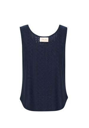 Sötétkék ujjatlan felső, kerek nyakkivágással és bonyolult mintázattal. Könnyű, textúrált anyagból készült. A címke a "CREAM" feliratot viseli.