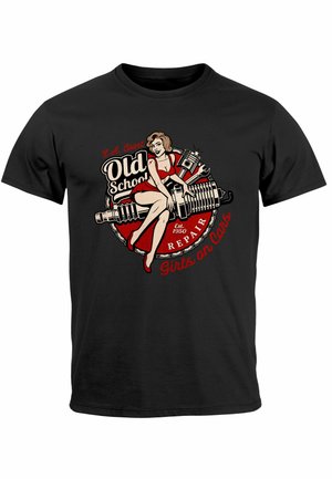 Black cotton t-shirt featuring a graphic design with a pin-up girl, spark plug, and wrench, accented with red and cream lettering.