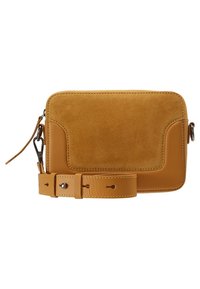 Torebka crossbody w kolorze brązowym, wykonana ze skóry licowej i zamszu, o gładkim wykończeniu, prostokątnym kształcie, z regulowanym paskiem oraz zamkiem błyskawicznym na górze.