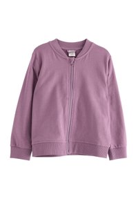 Lilla langærmet zip-up sweatshirt med ribbet krave, manchetter og kant, vist fladt på en hvid baggrund.