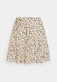 Kulatá sukně s rozšířeným střihem vyrobená z texturované látky v krémové barvě se vzorem černých teček. Spodní lem je mírně zakřivený.