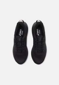 Black athletic shoes with a mesh upper, lace-up closure, and cushioned soles. Features "ASICS Ortholite" branding on the tongue.