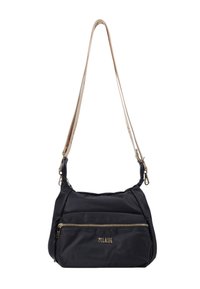 Borsa a tracolla nera in nylon con una texture liscia, dotata di una tasca con zip dorata e di una tracolla beige staccabile con dettagli in hardware dorato.