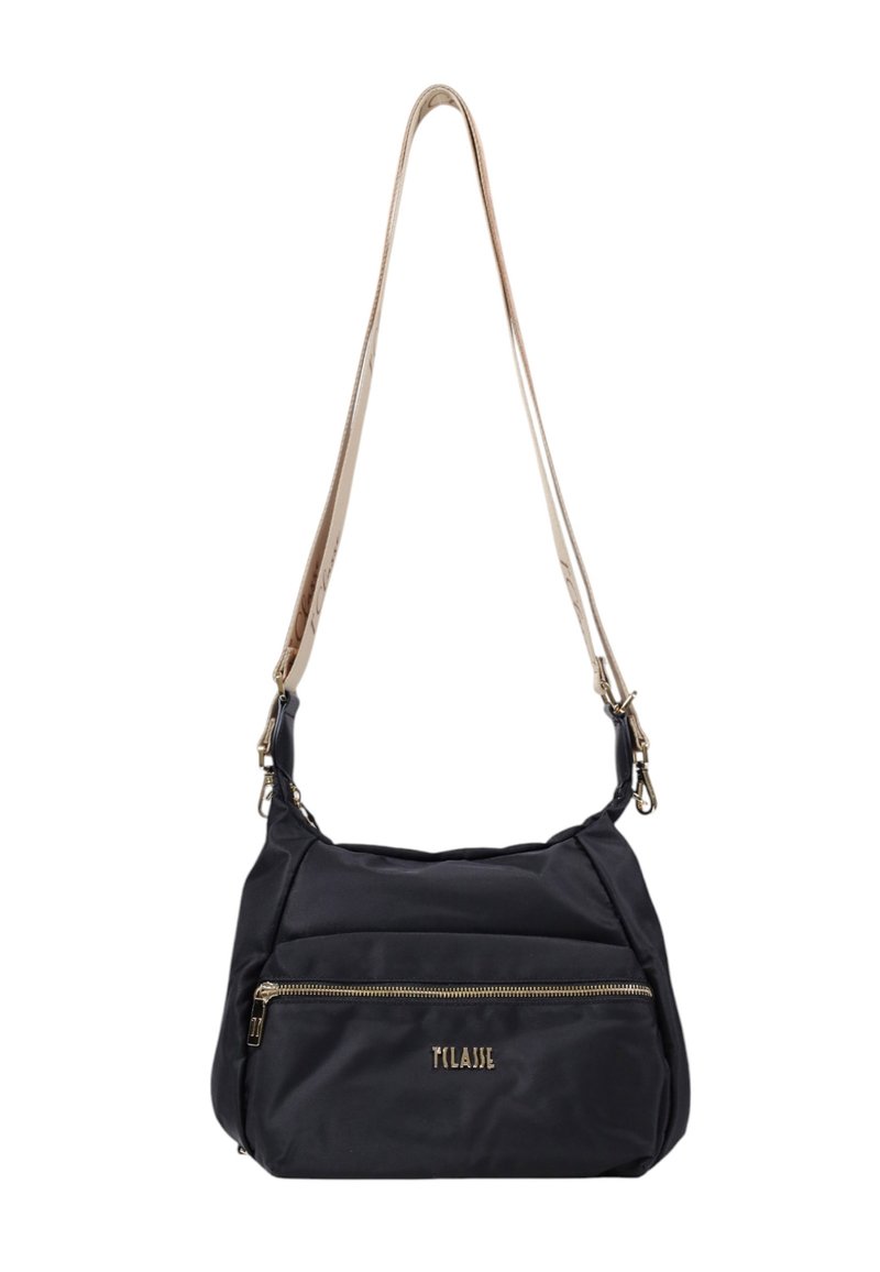 Borsa a tracolla nera in nylon con una texture liscia, dotata di una tasca con zip dorata e di una tracolla beige staccabile con dettagli in hardware dorato.