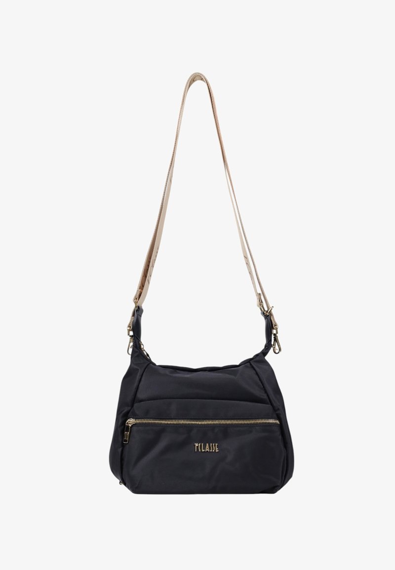 Borsa a tracolla nera in nylon con una texture liscia, dotata di una tasca con zip dorata e di una tracolla beige staccabile con dettagli in hardware dorato.