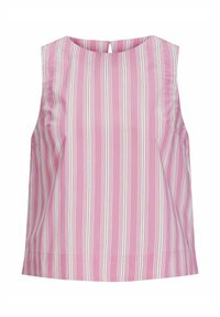 Bešonis džemperis iš rožinės medžiagos su vertikaliomis baltomis ir žaliomis juostelėmis. Apvalus iškirpimas su mygtuko uždarymu už nugaros. Lygus paviršius.