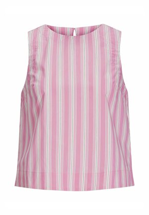 Bez rękawów top w różowym materiale z pionowymi białymi i zielonymi paskami. Okrągły dekolt z zapięciem na guzik z tyłu. Gładka tekstura.