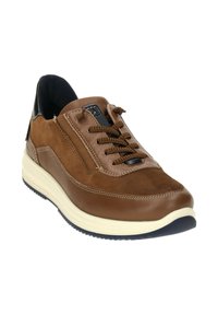 Brown leather and suede sneaker with lace-up front, contrasting white midsole, and dark rubber outsole; includes textured accents and stitching details.