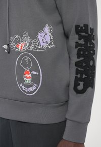 Sudadera gris con coloridos bordados de personajes de dibujos animados, texto y patrones en la parte delantera y las mangas.