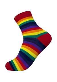 Calzino a strisce multicolore con strisce rosse, gialle, verdi, blu e viola, rifinito con una manica a coste e realizzato in una texture di cotone misto.