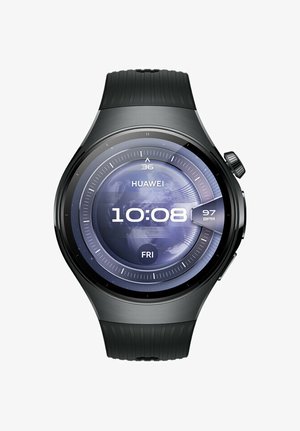 Schwarze Smartwatch mit einem runden Display, das einen blauen und grauen Globushintergrund, die digitale Uhrzeit, Herzfrequenz und das Datum zeigt. Gummiarmband.