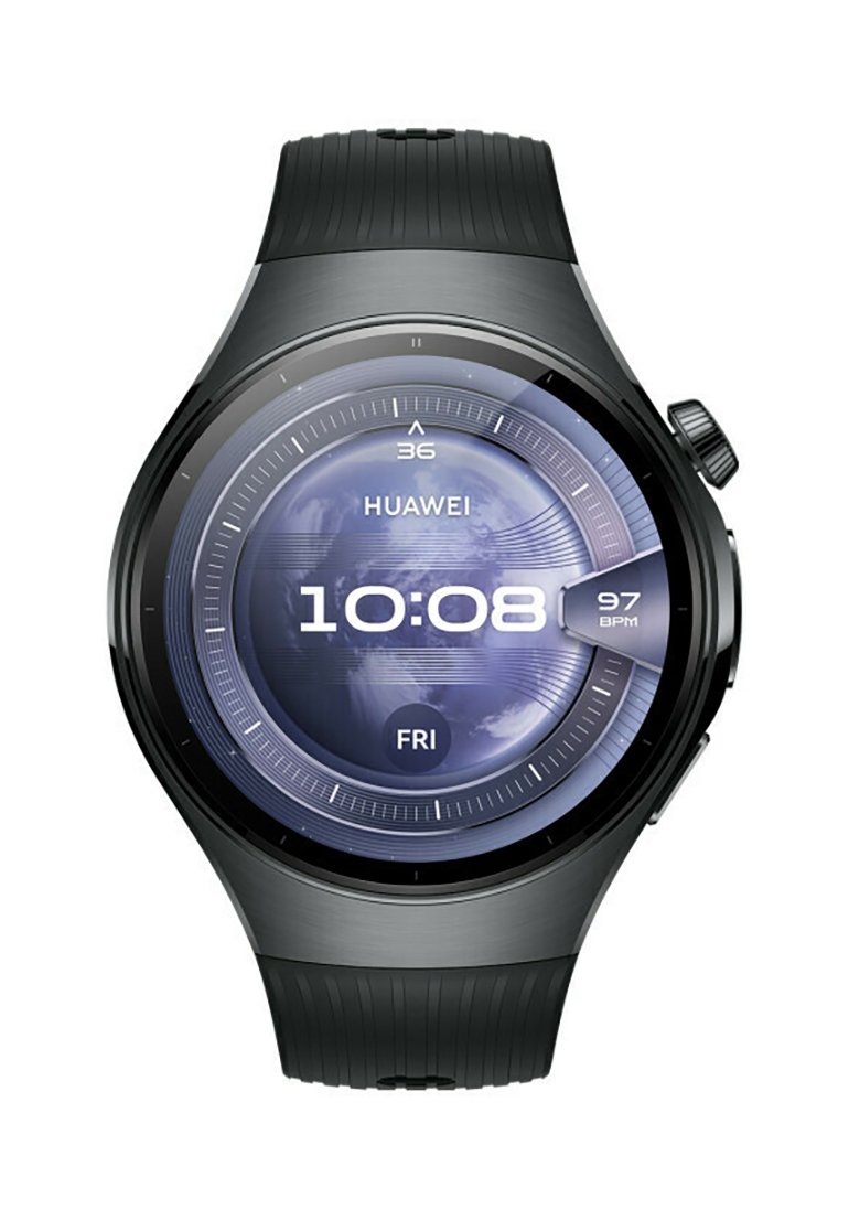 Black smartwatch with a circular display, featuring a blue and grey globe background, digital time, heart rate, and date. Rubber strap.