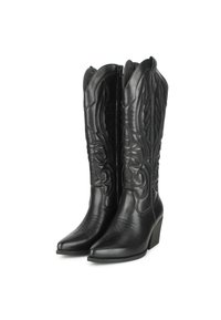 Botas de vaquero de cuero negro con puntas afiladas, costuras decorativas y un diseño de tacón medio. Cierre con cremallera en el lateral.