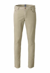 Beige slim-fit corduroy pants with front pockets, belt loops, and a button and zipper closure.