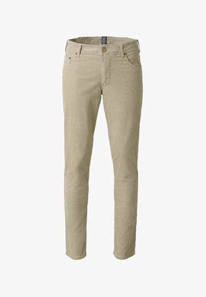 Beige slim-fit corduroybroek met frontale zakken, riemlussen en een knoop- en ritsluiting.