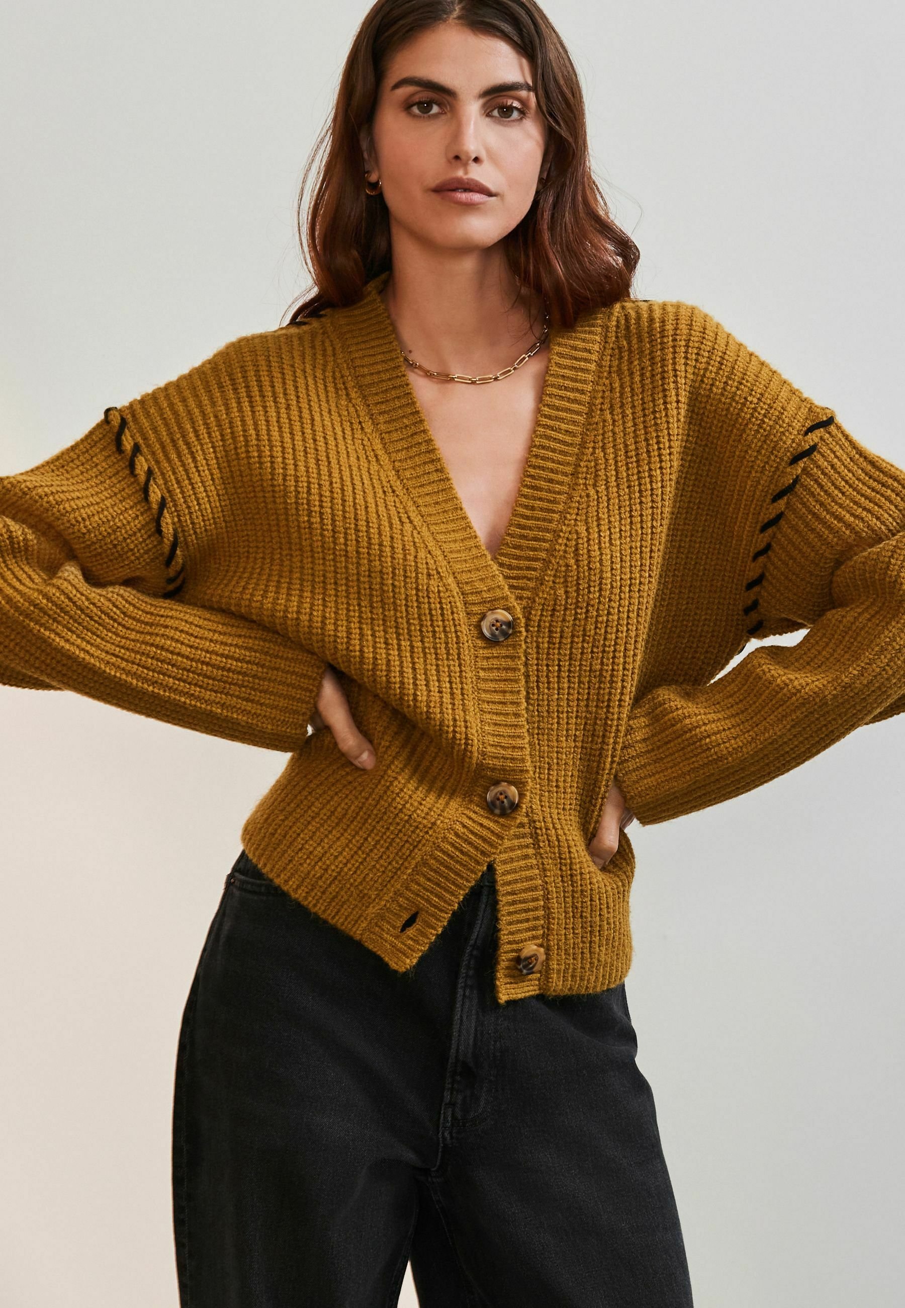 Next CONTRAST STITCH BUTTON UP V-NECK - Cardigan - green olive