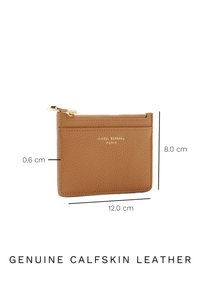 Brown calfskin leather cardholder, dimensions 12 cm x 8 cm x 0.6 cm. Features a zip closure and embossed branding on the front.