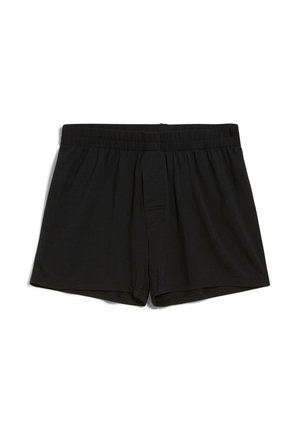 Schwarze Baumwoll-Boxershorts mit elastischem Bund, ausgestattet mit einem Eingriff vorn und einer glatten Textur ohne Muster oder Verzierungen.