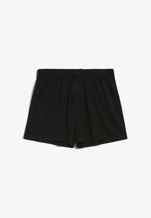 Schwarze Baumwoll-Boxershorts mit elastischem Bund, ausgestattet mit einem Eingriff vorn und einer glatten Textur ohne Muster oder Verzierungen.