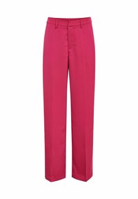 Fuchsia trousers with a straight-leg cut, flat front, and belt loops. Made from a smooth fabric with no visible patterns or hardware.